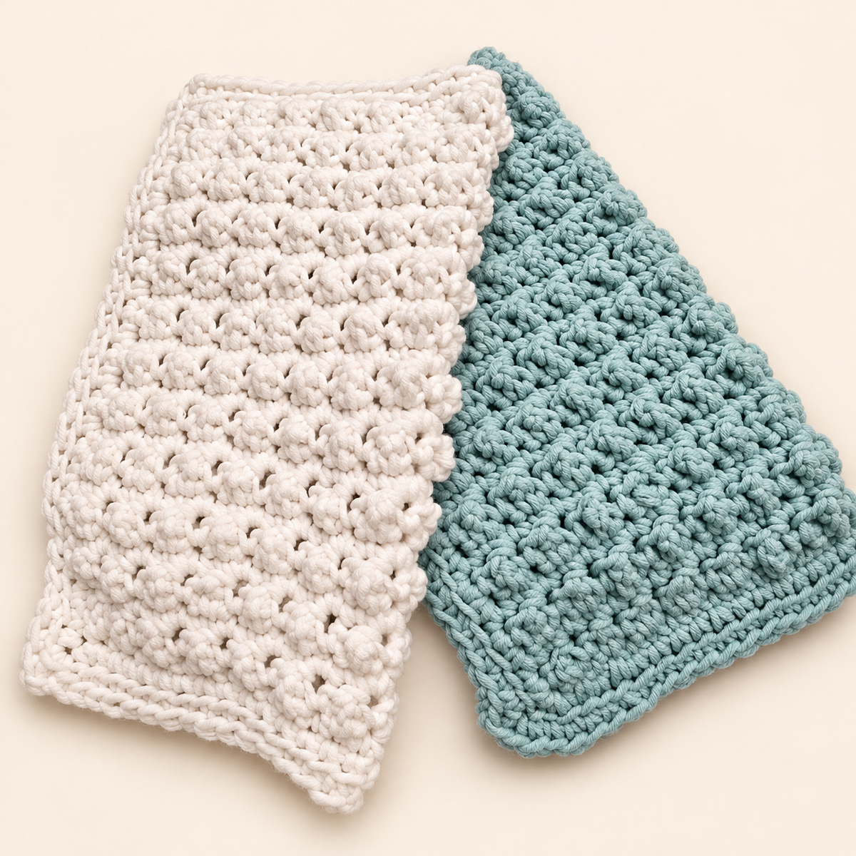 White and pale aqua textured crochet washcloths