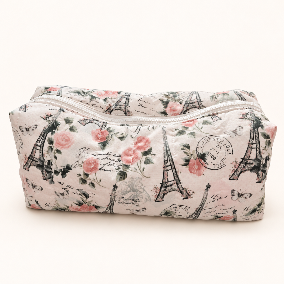 Paris floral Hot Tools Bag with white zipper on a cream background