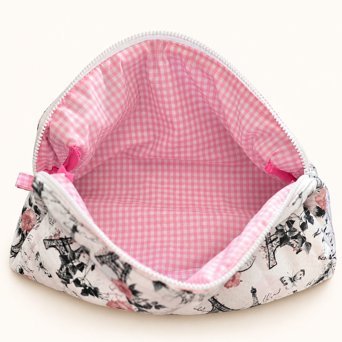 Open Hot Tools Bag showing pink and white gingham lining