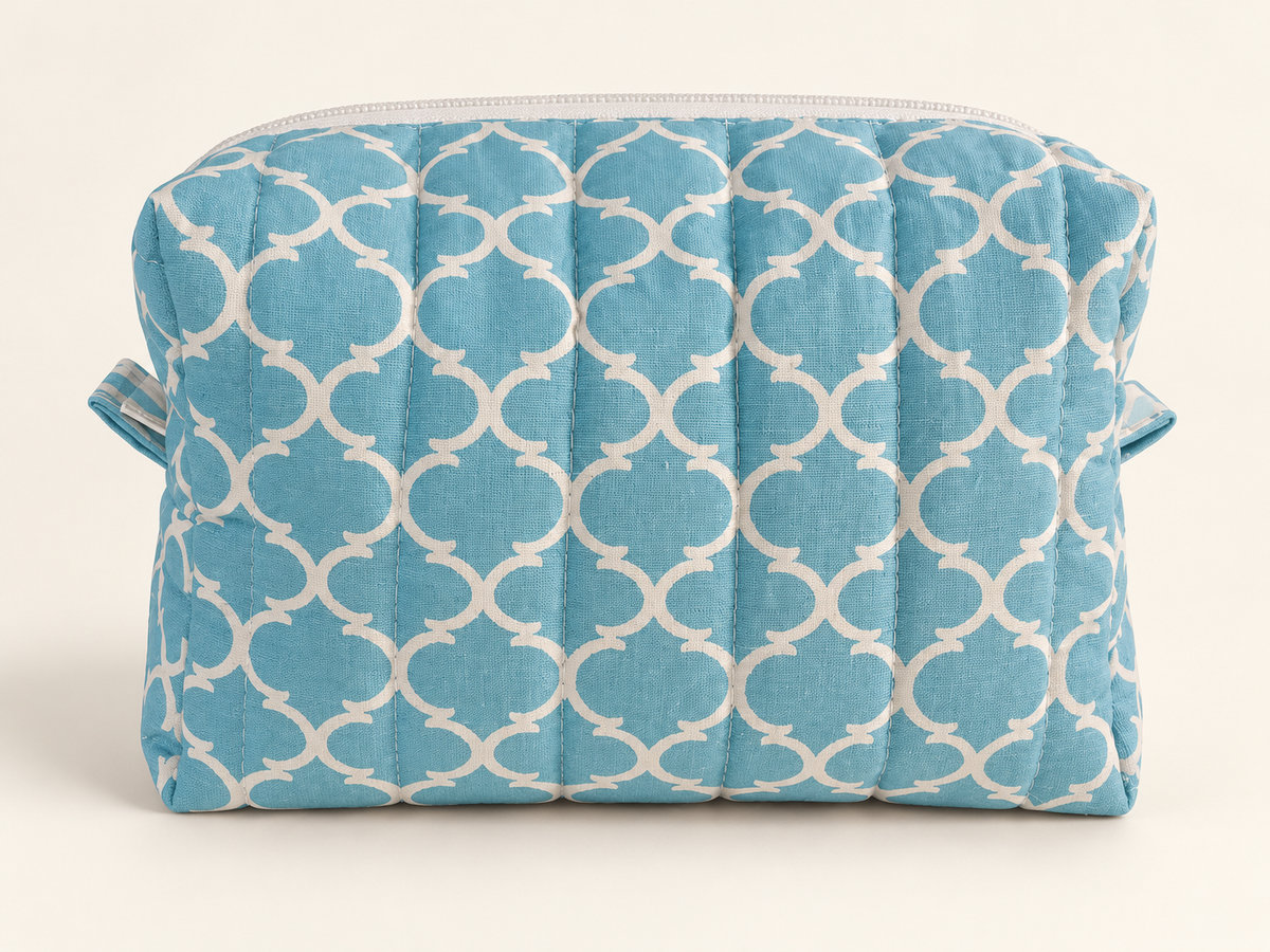 Life is Blue-tiful Blue Makeup Bag on a cream studio background