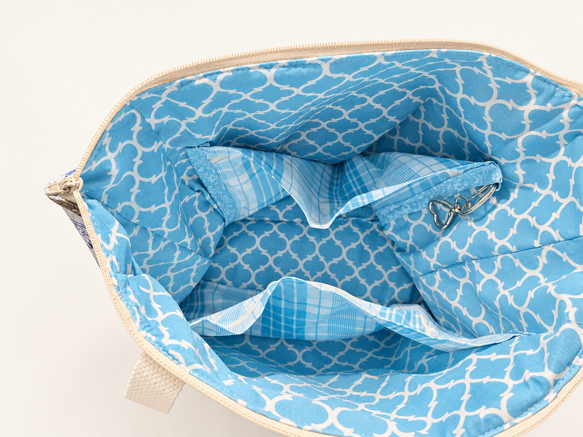 Life is Blue-tiful tote interior with blue lining and plaid pockets