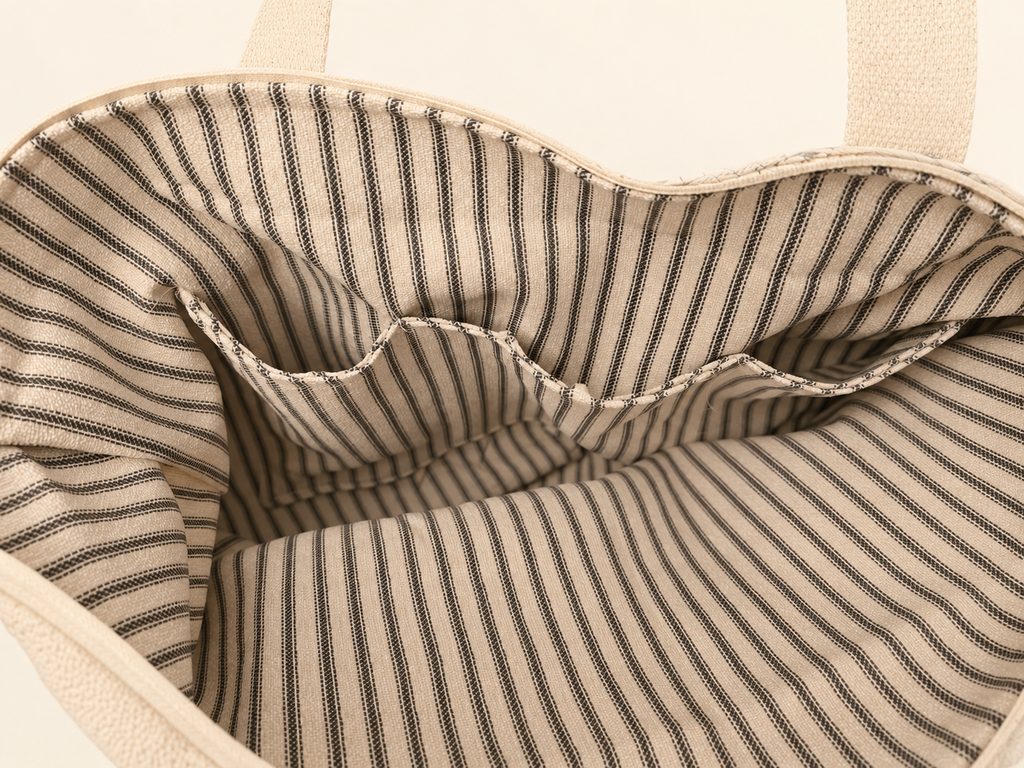 Striped lining and interior pockets of sunflower tote