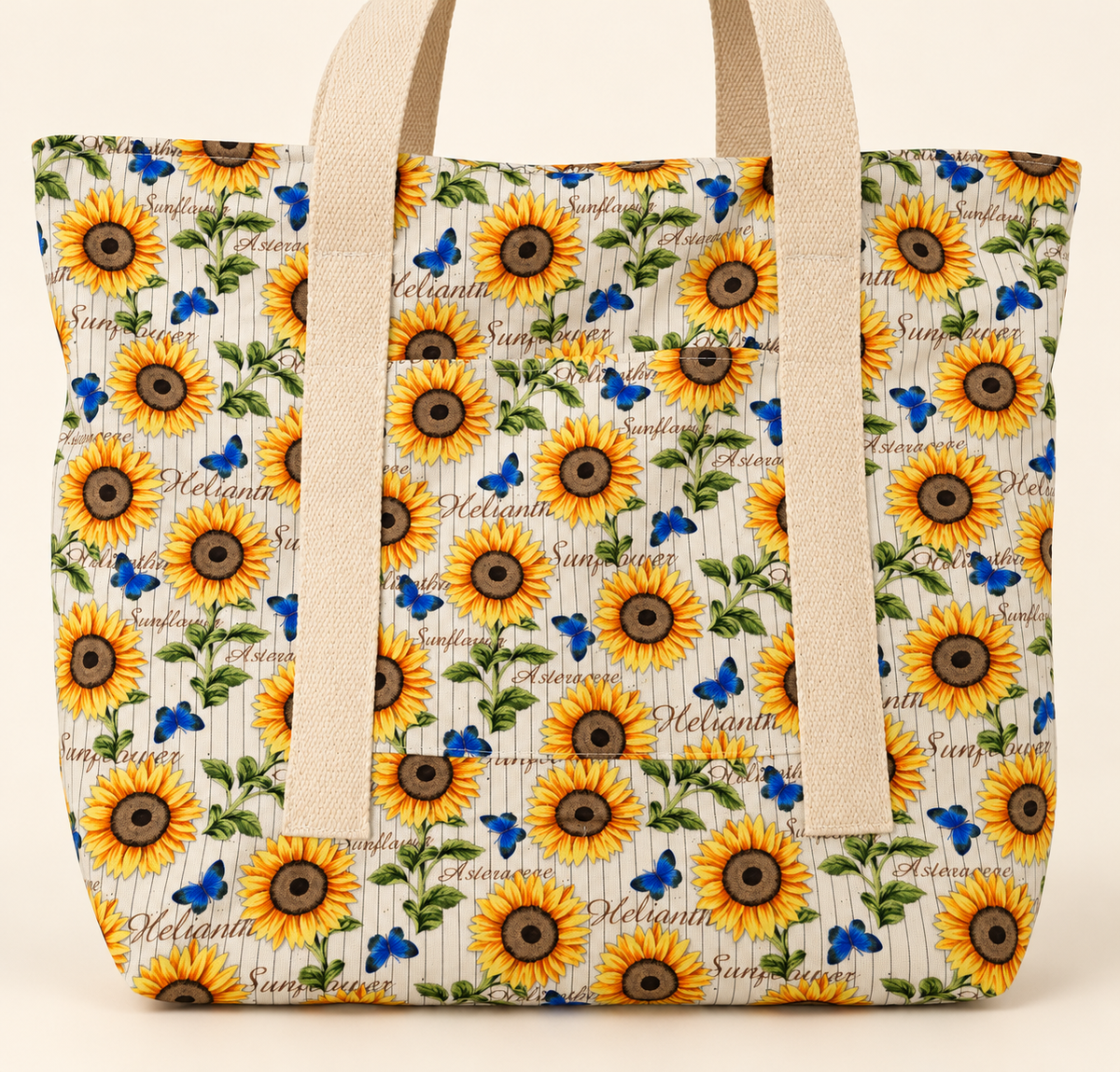 Handmade sunflower and blue butterfly tote with cream straps
