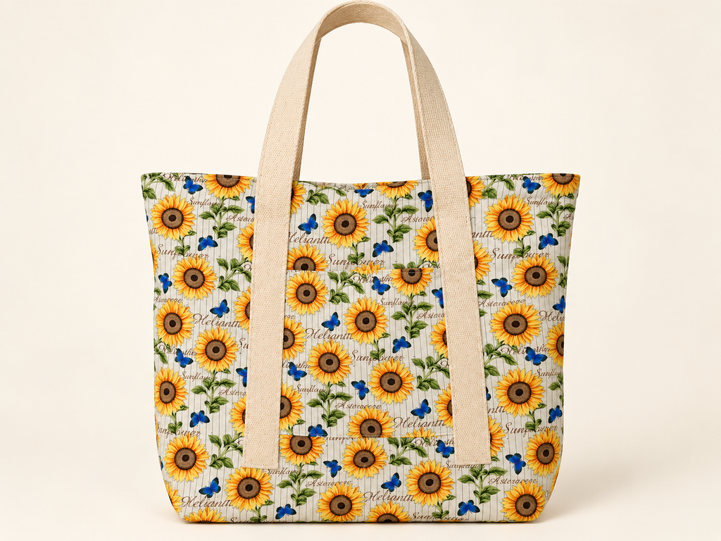 Handmade sunflower and blue butterfly tote with cream straps
