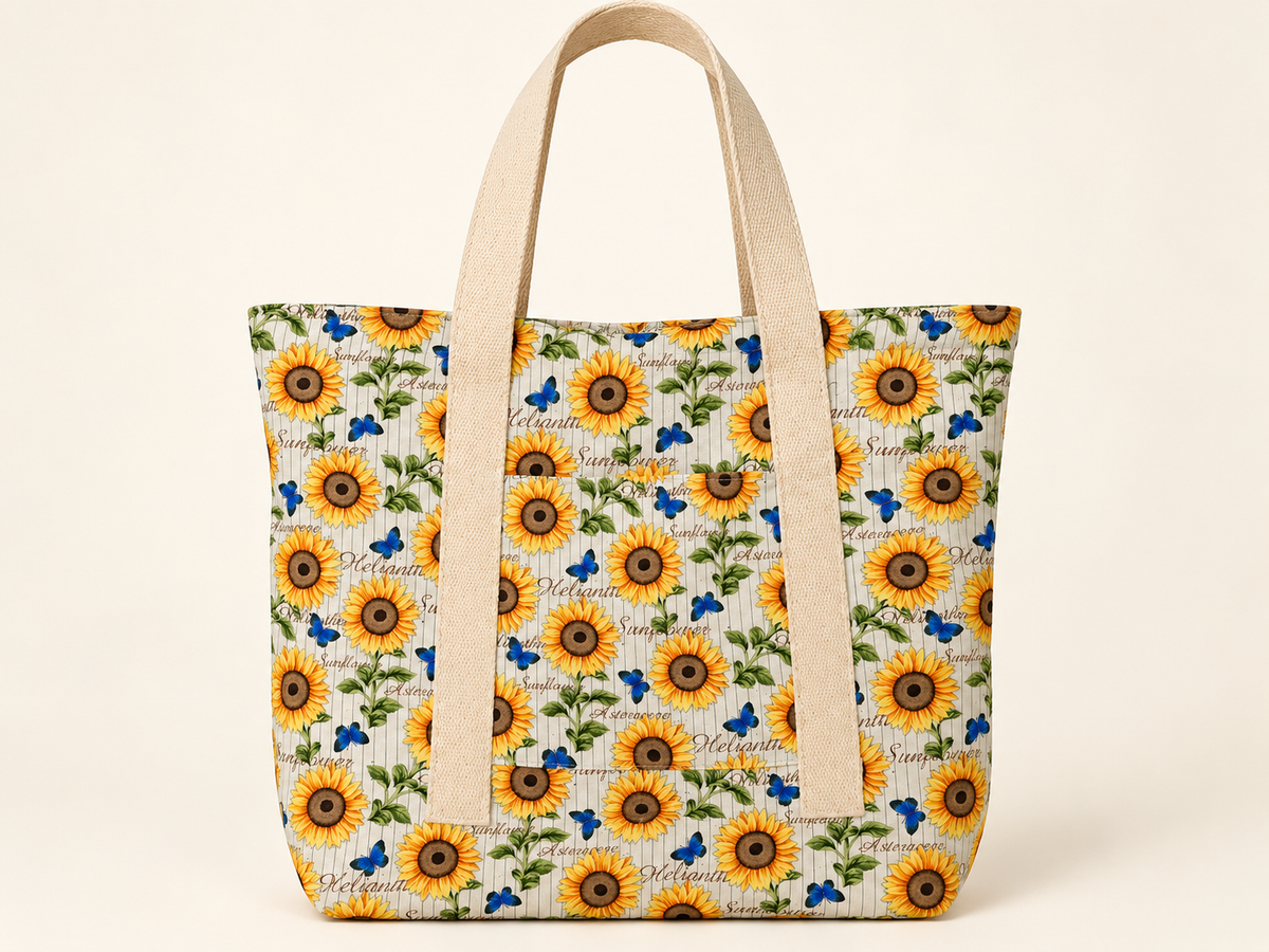 Handmade sunflower and blue butterfly tote with cream straps